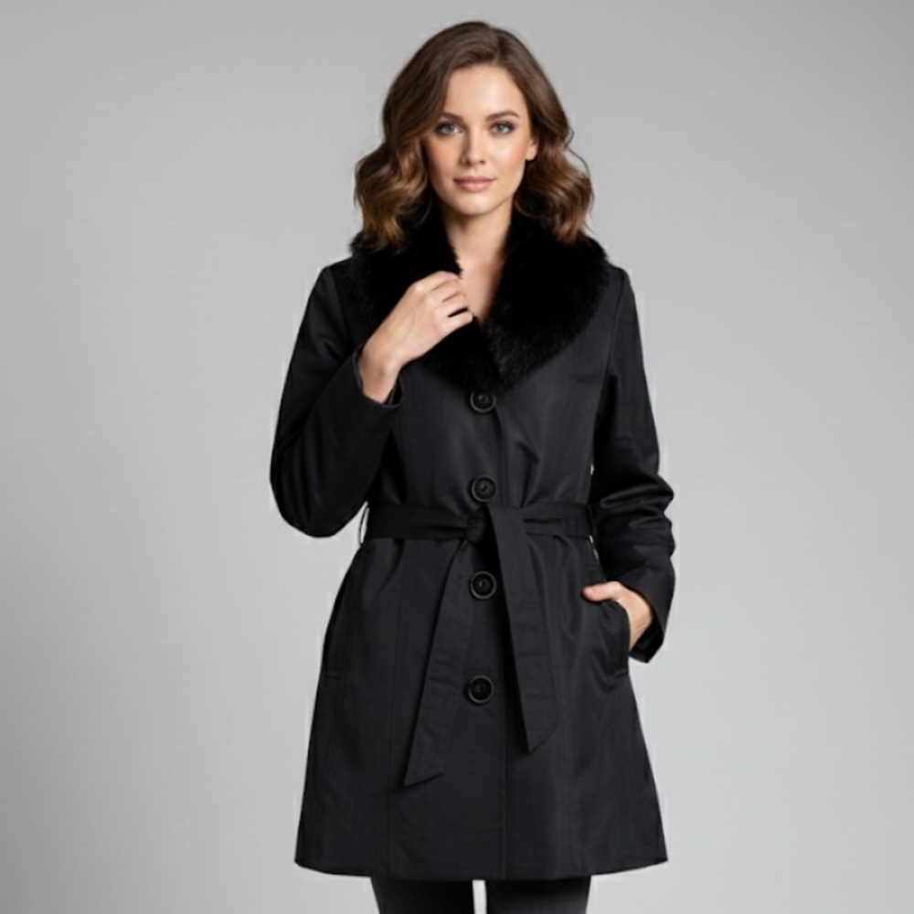 Dennis By Dennis basso Black Faux Fur-Collar Tie Waist Women's Coat Sz L NWOT